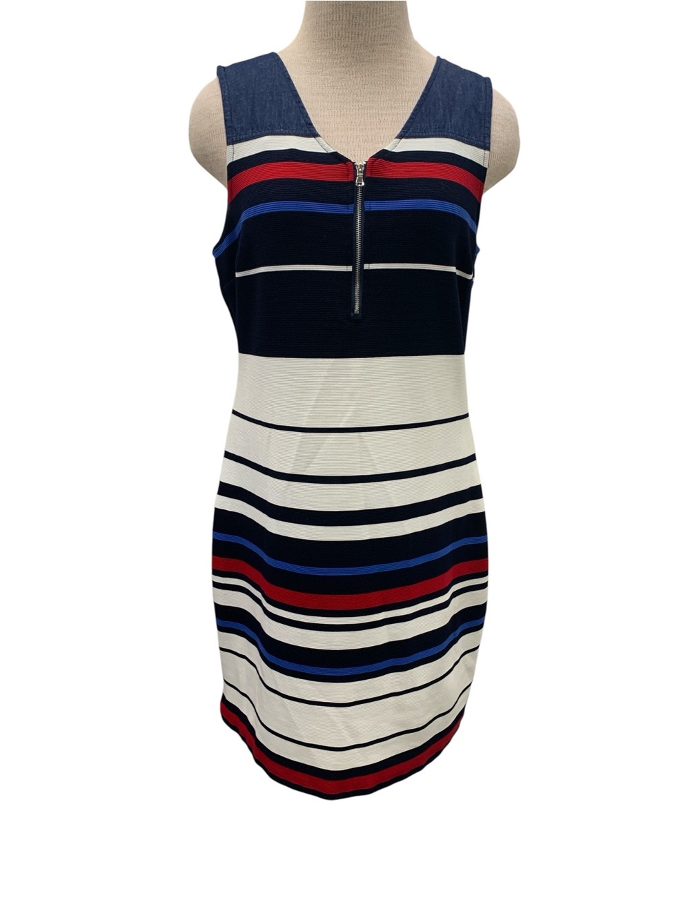Point Zero Sleeveless Striped Zip-Front Mini Dress - Navy, White, Red, Blue S12